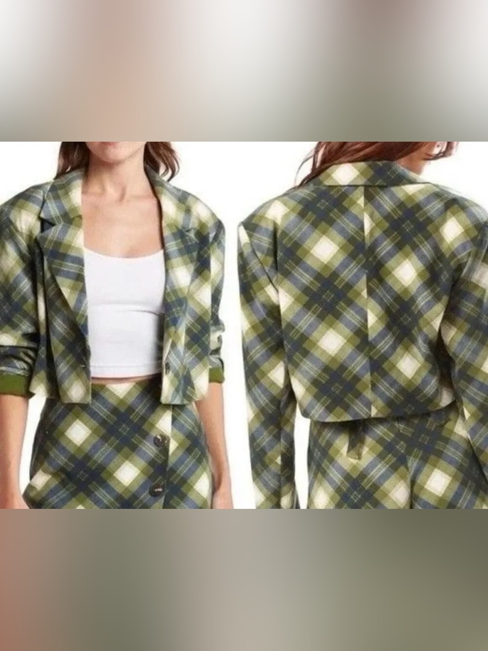 WeWoreWhat Olive, Navy & Cream Plaid Cropped Blazer size small